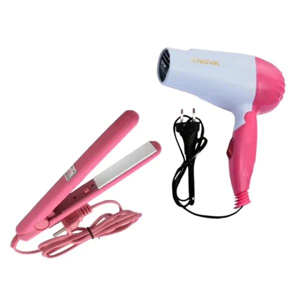 Combo Set: Hair dryer and mini straightener combo (2-in-1). Home Styling: Perfect for creating professional hairstyles at home. Versatility: Includes both a hair dryer and a mini straightener for versatile styling.D For All Hair Types: Ideal for use on all hair types. Compact Design: Lightweight, compact, and easy to store. Travel-Friendly: Great for on-the-go styling, perfect for travel. Durable Materials: Made from high-quality, long-lasting materials.