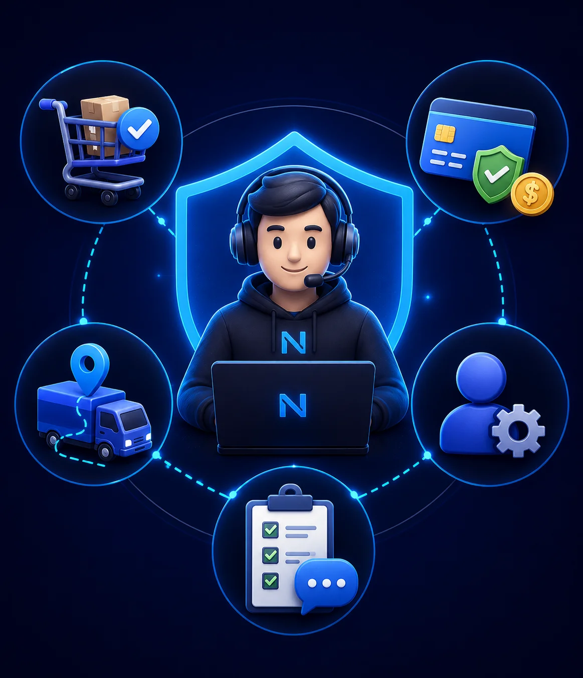 Customer support illustration for NexonPK showing order assistance, payment support, delivery tracking, account help, and technical support for gamers in Pakistan.