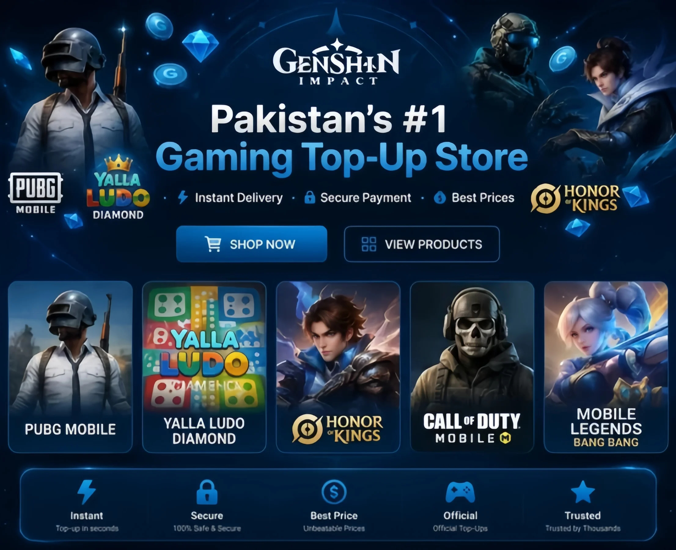Pakistan's #1 Gaming Top-Up Store banner by NexonPK featuring PUBG Mobile, Yalla Ludo, Honor of Kings, Call of Duty Mobile, and Mobile Legends